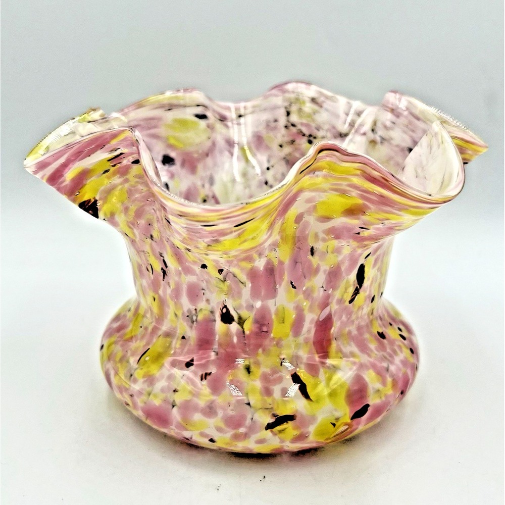 Vintage Spatter Confetti Art Glass Ruffled Bowl Pink Yellow Studio Glass 7"